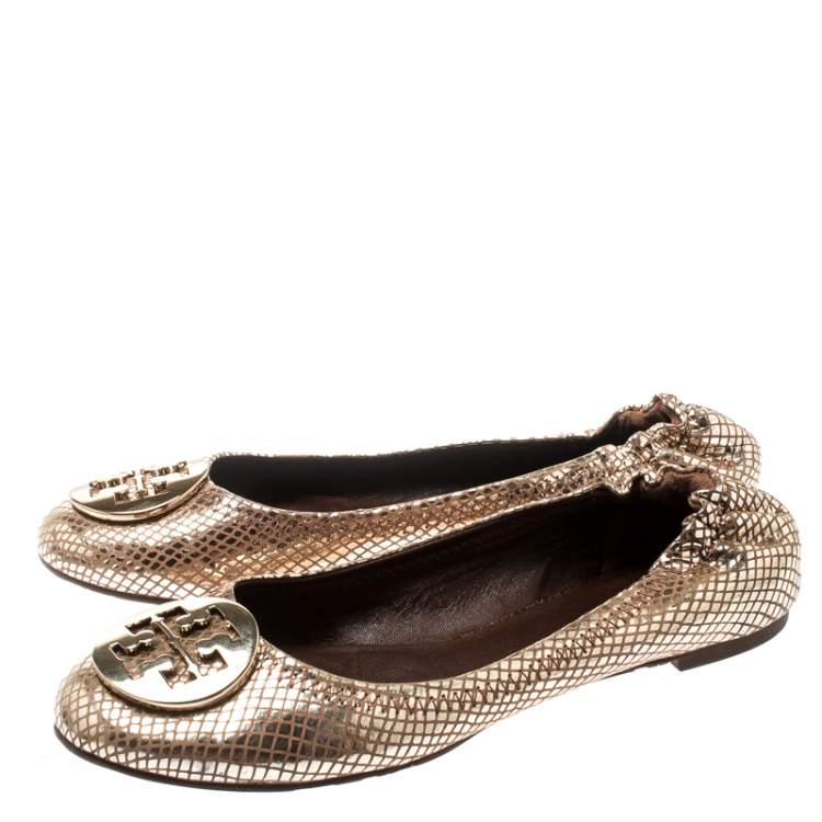 Pre Owned Tory Burch Metallic Gold Foil Textured Suede Reva Ballet Flats Size 37.5