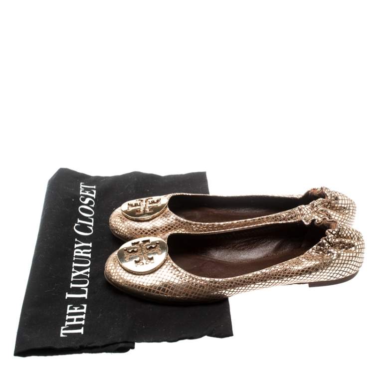 Pre Owned Tory Burch Metallic Gold Foil Textured Suede Reva Ballet Flats Size 37.5