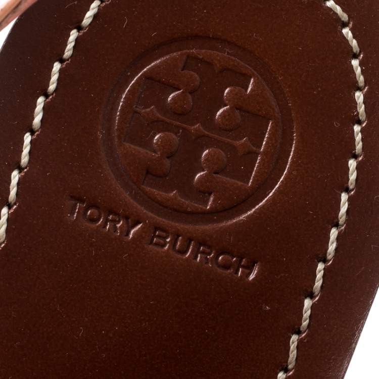 مملوكة مسبقًا Tory Burch Coral Patent Leather Emilynn Beaded T-Strap Studded Ankle Strap Sandals Size 40.5