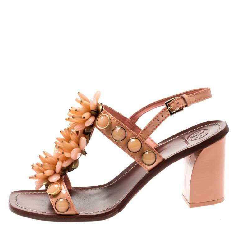 Tory Burch Coral Patent Leather Emilynn Beaded T-Strap Studded Ankle Strap  Sandals Size  Tory Burch | TLC