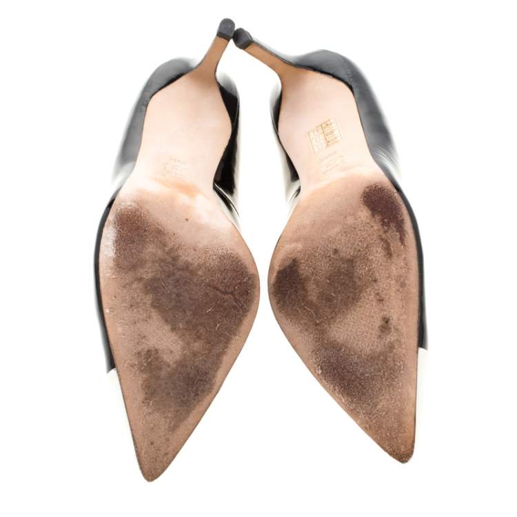 Pre Owned Tory Burch Monochrome Patent Leather Cap Toe Elizabeth Pointed Toe Pumps Size 39.5