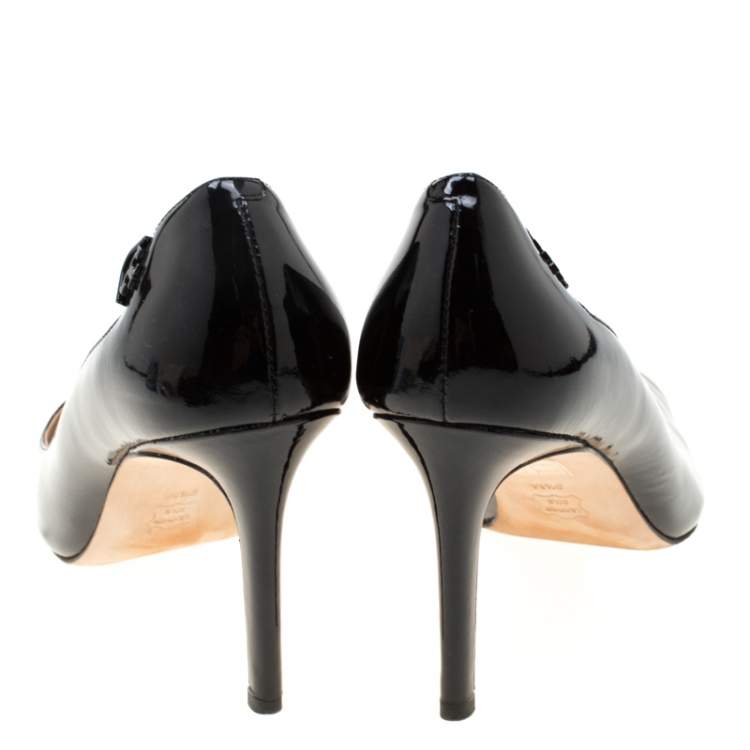 Pre Owned Tory Burch Monochrome Patent Leather Cap Toe Elizabeth Pointed Toe Pumps Size 39.5