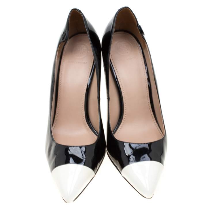 Pre Owned Tory Burch Monochrome Patent Leather Cap Toe Elizabeth Pointed Toe Pumps Size 39.5