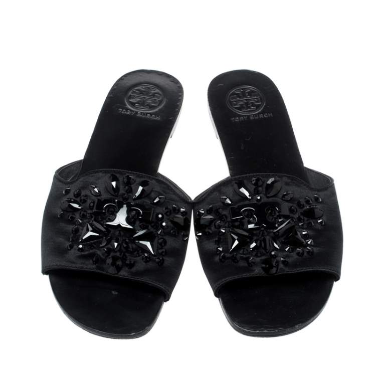 Pre Owned Tory Burch Black Gems Embellished Satin Delphine Flats Slides Size 39