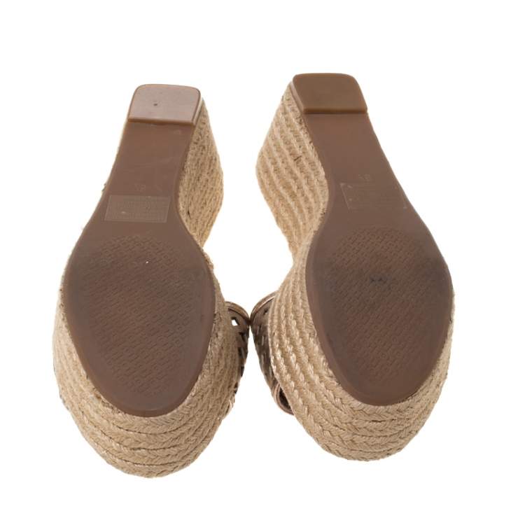 Pre Owned Tory Burch Bronze Leather Thatched Platform Wedge Sandals Size 36.5