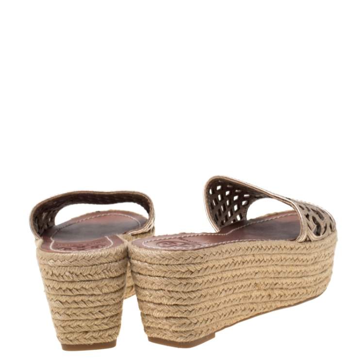 Pre Owned Tory Burch Bronze Leather Thatched Platform Wedge Sandals Size 36.5