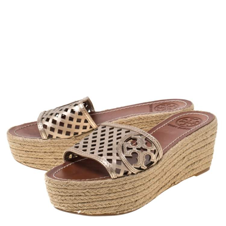 Pre Owned Tory Burch Bronze Leather Thatched Platform Wedge Sandals Size 36.5