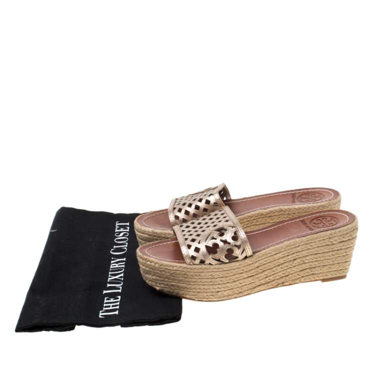 Pre Owned Tory Burch Bronze Leather Thatched Platform Wedge Sandals Size 36.5