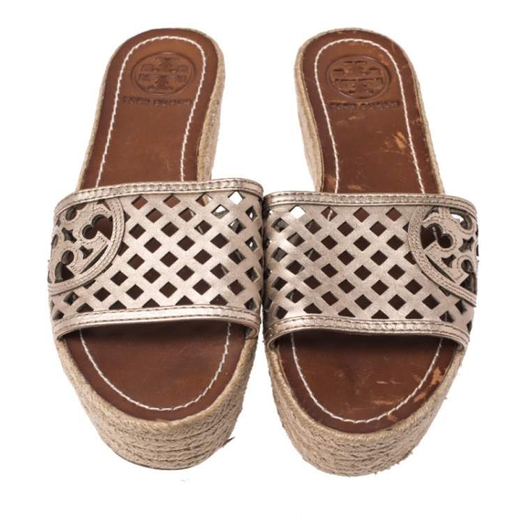 Pre Owned Tory Burch Bronze Leather Thatched Platform Wedge Sandals Size 36.5