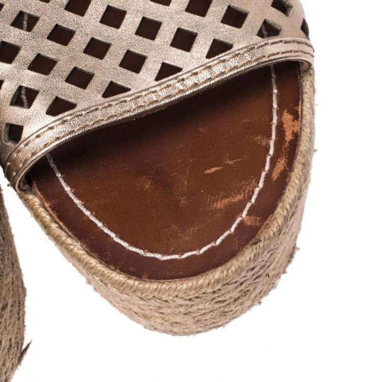 Pre Owned Tory Burch Bronze Leather Thatched Platform Wedge Sandals Size 36.5