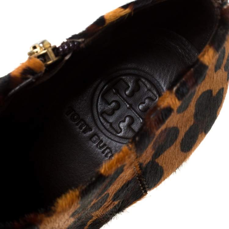 Pre Owned Tory Burch Leopard Print Calfhair Pointed Toe Heel Ankle Boots Size 37.5