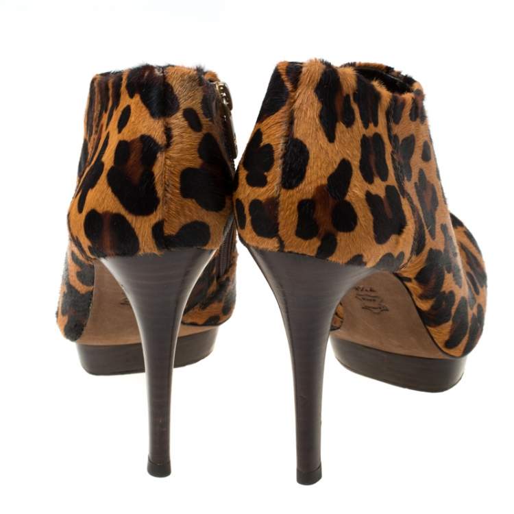 Pre Owned Tory Burch Leopard Print Calfhair Pointed Toe Heel Ankle Boots Size 37.5