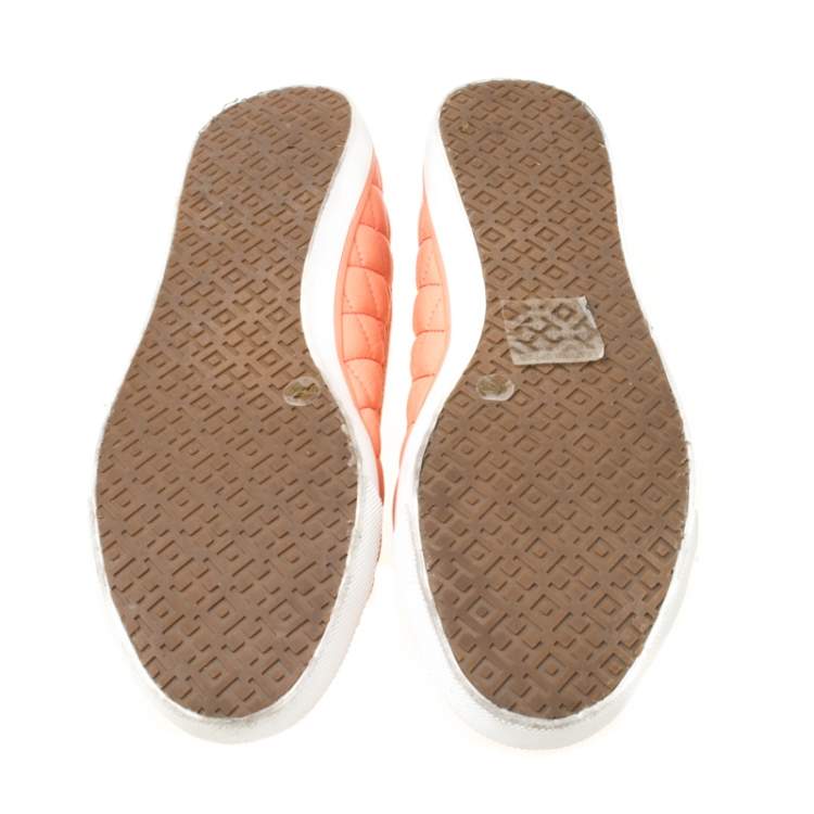 Pre Owned Tory Burch Peach Quilted Leather Bow Detail Ballet Flats Size 39.5