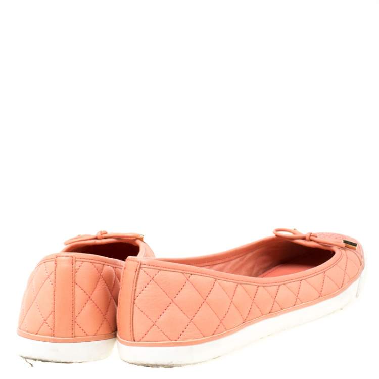 Pre Owned Tory Burch Peach Quilted Leather Bow Detail Ballet Flats Size 39.5