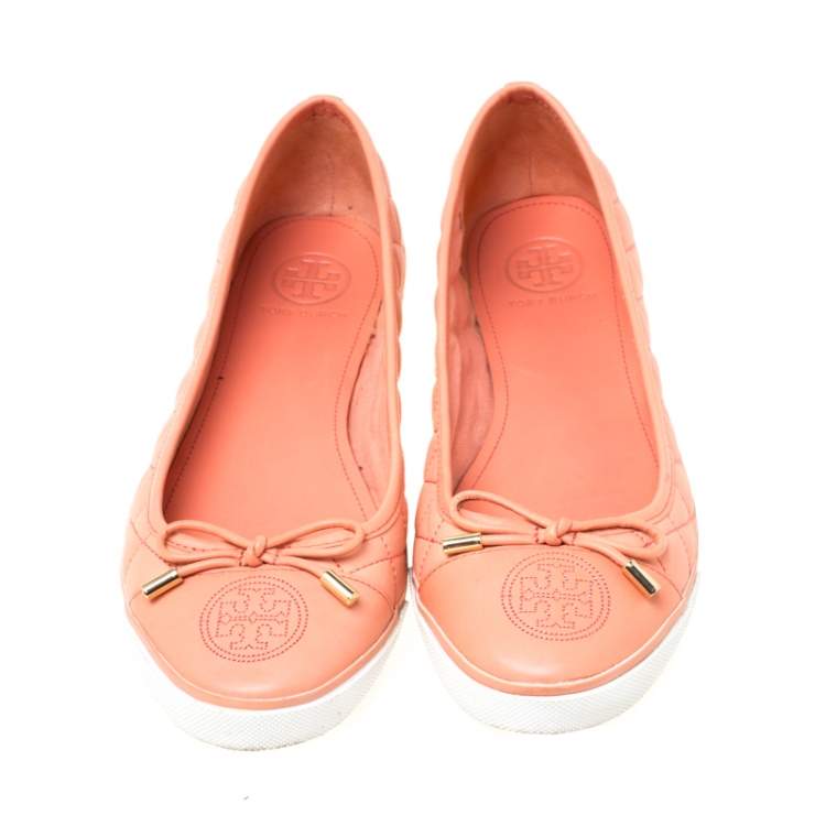 Pre Owned Tory Burch Peach Quilted Leather Bow Detail Ballet Flats Size 39.5