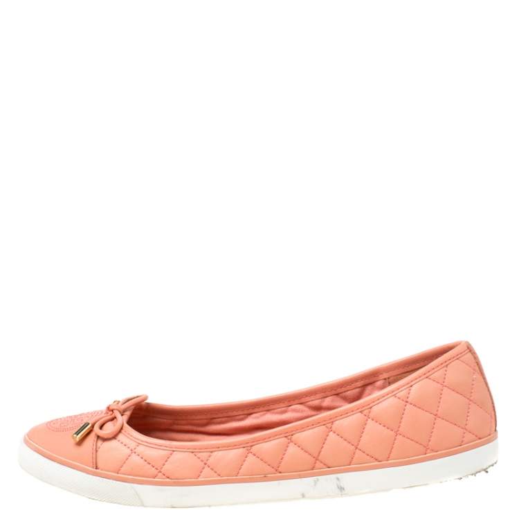 Pre Owned Tory Burch Peach Quilted Leather Bow Detail Ballet Flats Size 39.5