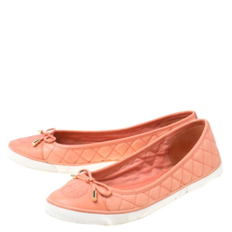 Pre Owned Tory Burch Peach Quilted Leather Bow Detail Ballet Flats Size 39.5