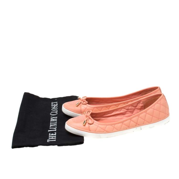 Pre Owned Tory Burch Peach Quilted Leather Bow Detail Ballet Flats Size 39.5
