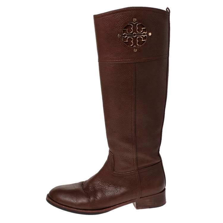 Pre Owned Tory Burch Brown Leather Knee Length Boots Size 38 