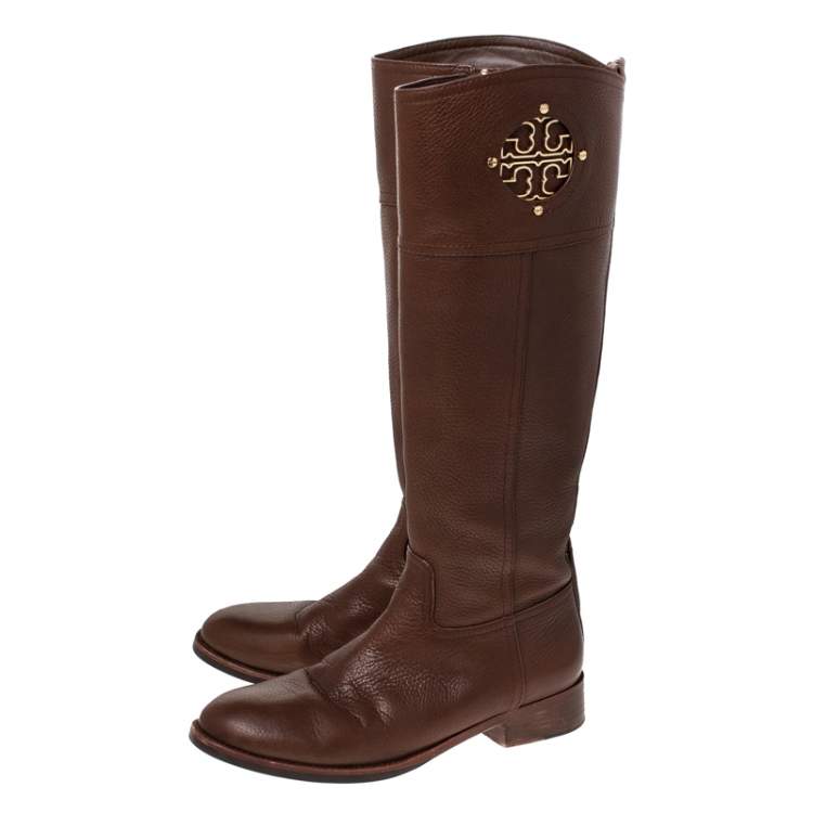 Pre Owned Tory Burch Brown Leather Knee Length Boots Size 38 