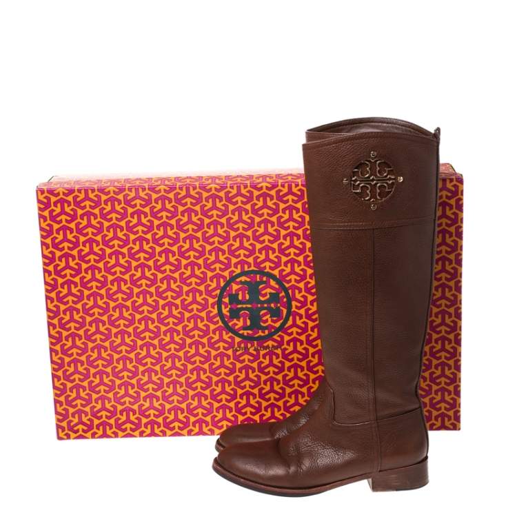 Pre Owned Tory Burch Brown Leather Knee Length Boots Size 38 