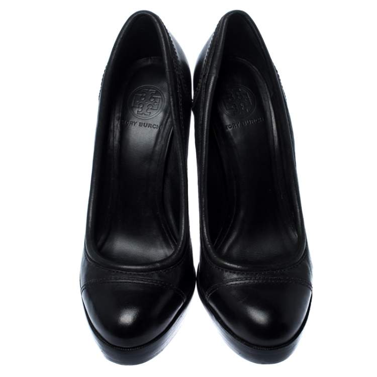 Pre Owned Tory Burch Black Leather Platform Pumps Size 40.5