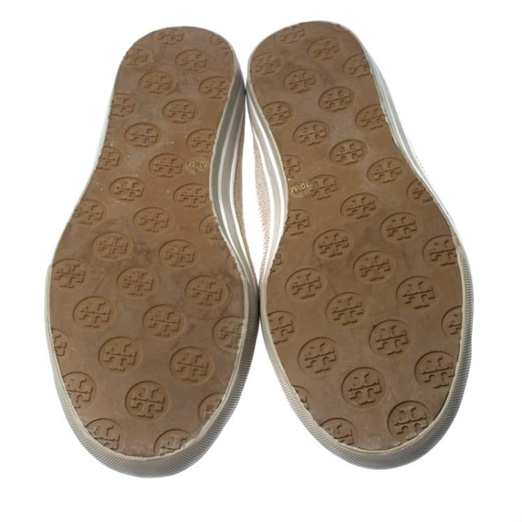 Pre Owned Tory Burch Beige Canvas And White Patent Leather Trim Logo Ballet Flats Size 40.5