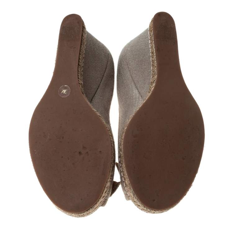 Pre Owned Tory Burch Beige Canvas Jackie Bow Espadrille Wedge Pumps Size 35