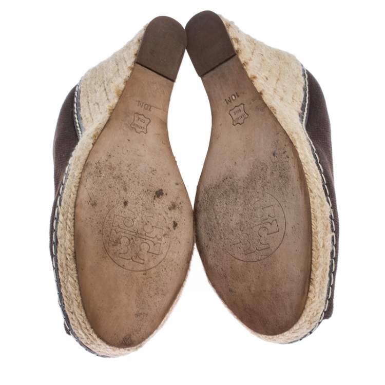 Pre Owned Tory Burch Brown Canvas Peep Toe Wedge Espadrille Platform Pumps Size 40