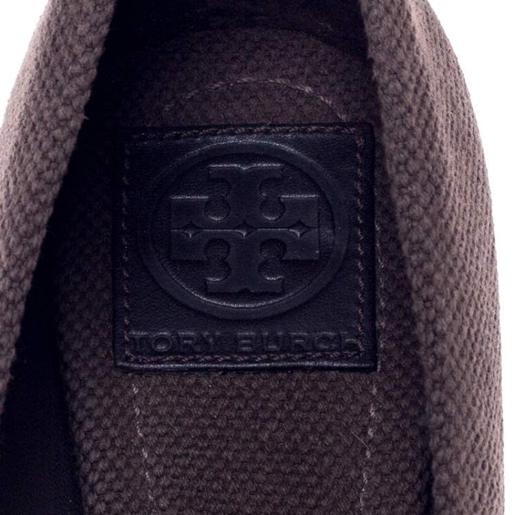 Pre Owned Tory Burch Brown Canvas Peep Toe Wedge Espadrille Platform Pumps Size 40
