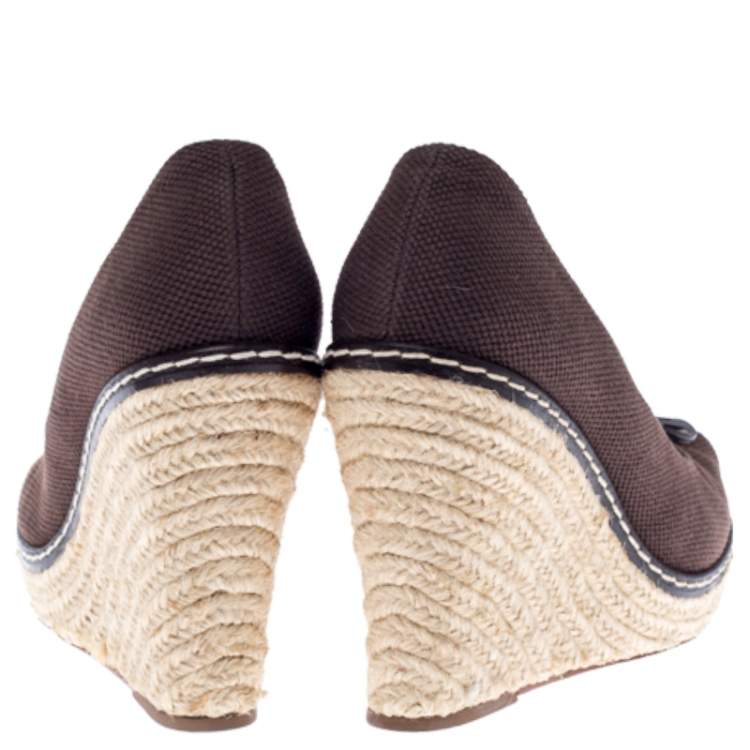 Pre Owned Tory Burch Brown Canvas Peep Toe Wedge Espadrille Platform Pumps Size 40