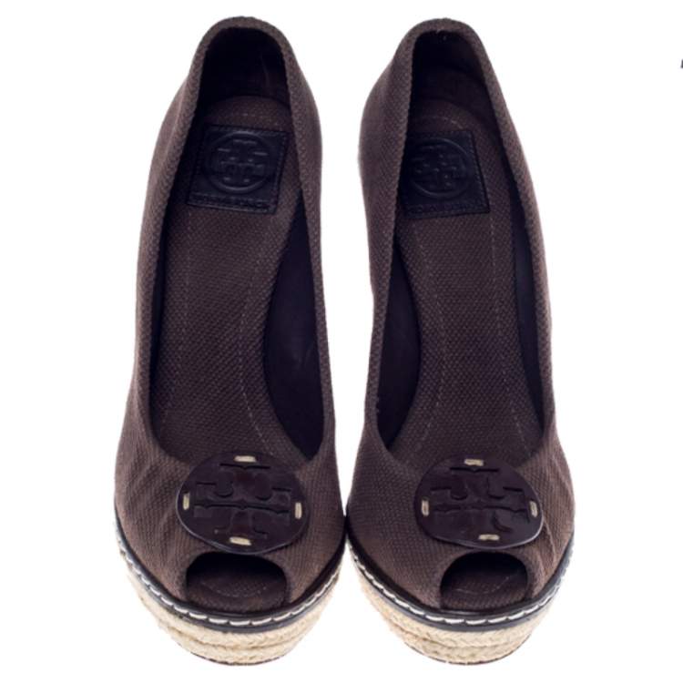 Pre Owned Tory Burch Brown Canvas Peep Toe Wedge Espadrille Platform Pumps Size 40