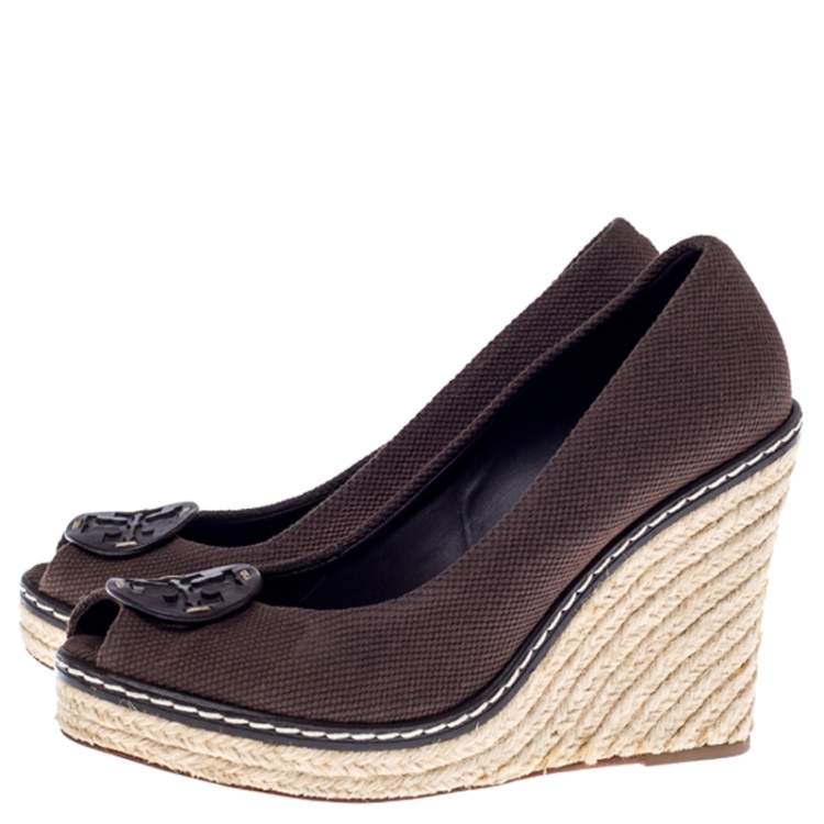 Pre Owned Tory Burch Brown Canvas Peep Toe Wedge Espadrille Platform Pumps Size 40