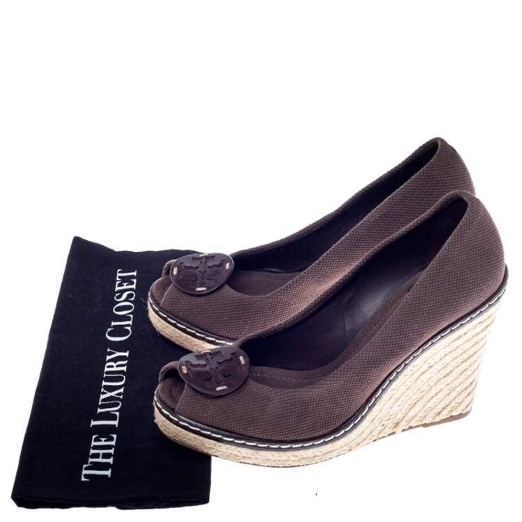 Pre Owned Tory Burch Brown Canvas Peep Toe Wedge Espadrille Platform Pumps Size 40