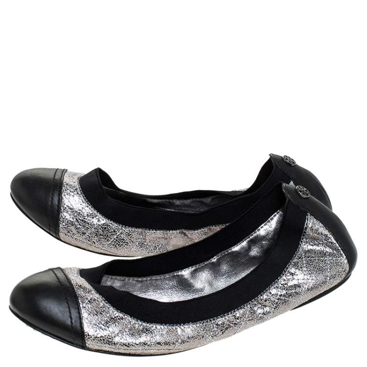 Pre Owned Tory Burch Silver/Black Quilted Leather Garter Ballet Flats Size 36