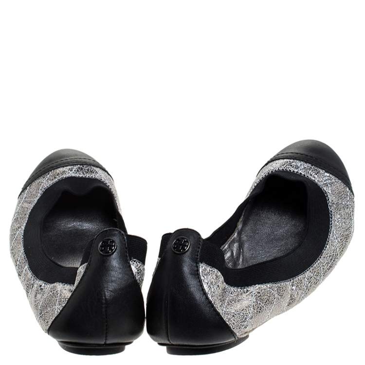 Pre Owned Tory Burch Silver/Black Quilted Leather Garter Ballet Flats Size 36