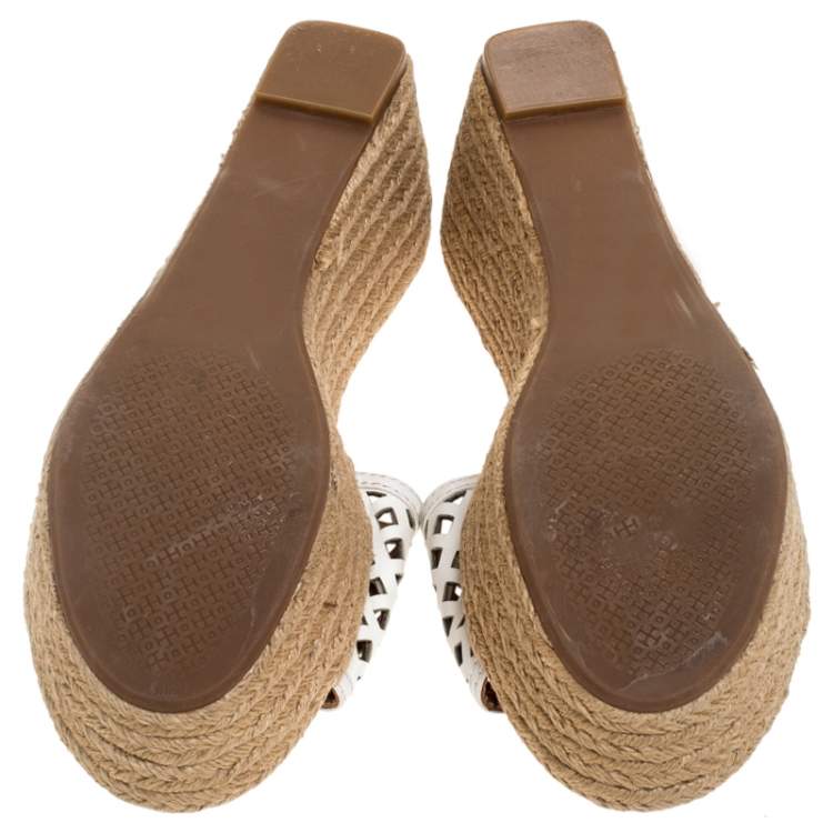 Pre Owned Tory Burch White Cutout Leather Espadrille Wedge Platform Sandals Size 39