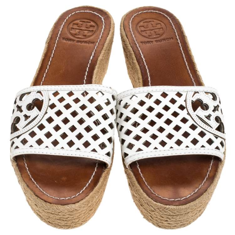 Pre Owned Tory Burch White Cutout Leather Espadrille Wedge Platform Sandals Size 39