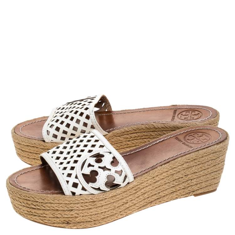 Pre Owned Tory Burch White Cutout Leather Espadrille Wedge Platform Sandals Size 39