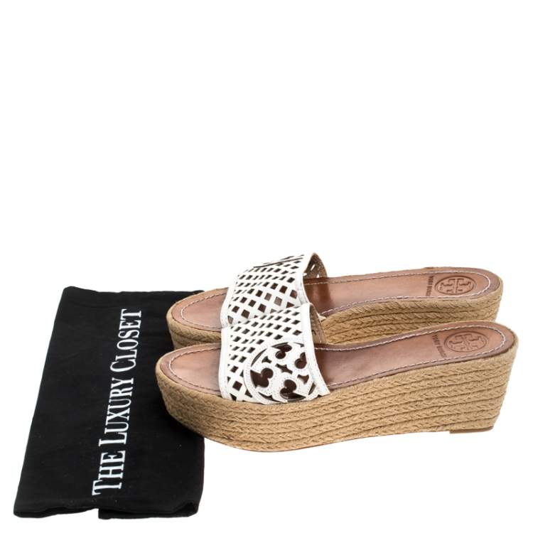 Pre Owned Tory Burch White Cutout Leather Espadrille Wedge Platform Sandals Size 39
