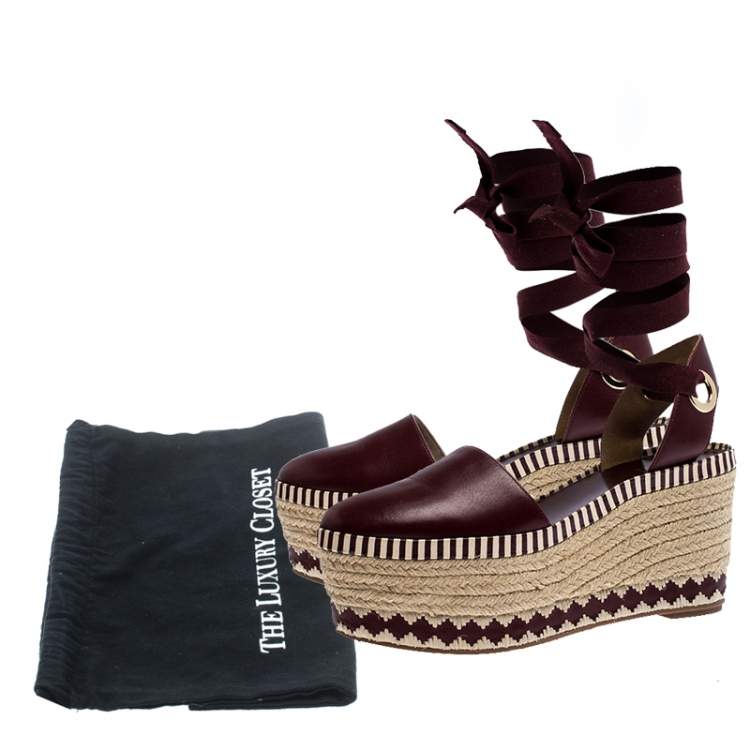 Pre Owned Tory Burch Burgundy Leather Dandy Ankle Wrap Espadrille Wedge Sandals Size 37.5