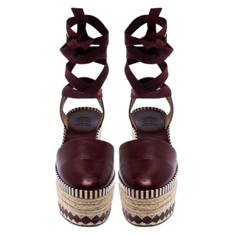 Pre Owned Tory Burch Burgundy Leather Dandy Ankle Wrap Espadrille Wedge Sandals Size 37.5