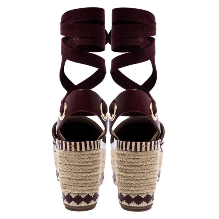 Pre Owned Tory Burch Burgundy Leather Dandy Ankle Wrap Espadrille Wedge Sandals Size 37.5