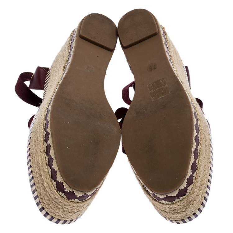 Pre Owned Tory Burch Burgundy Leather Dandy Ankle Wrap Espadrille Wedge Sandals Size 37.5
