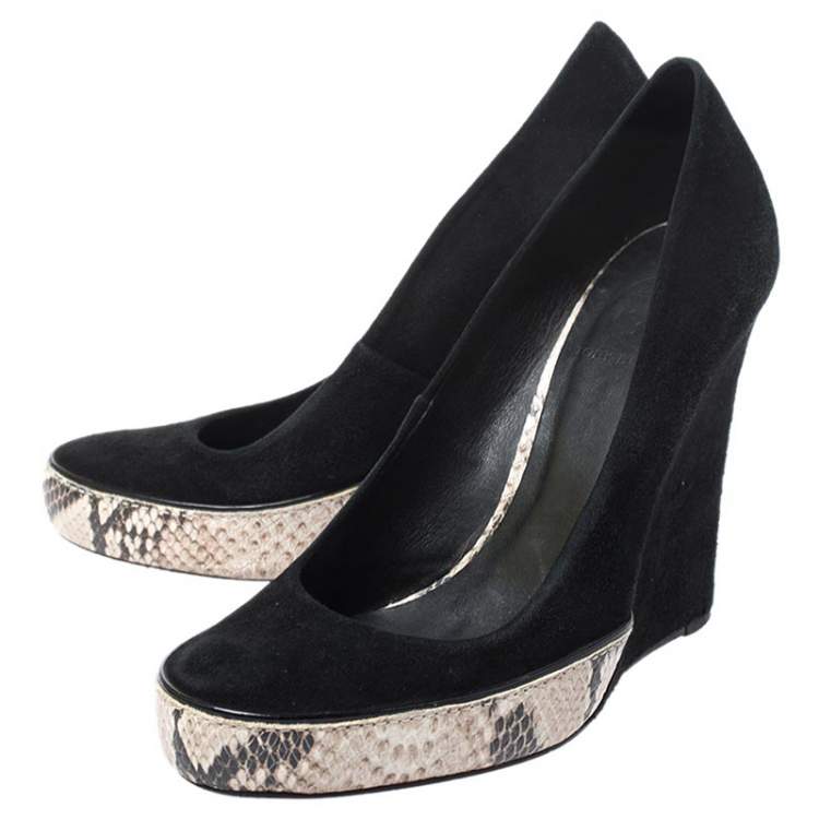 Pre Owned Tory Burch Black Suede And Multicolor Embossed Python Platform Sandra Wedge Pumps Size 37