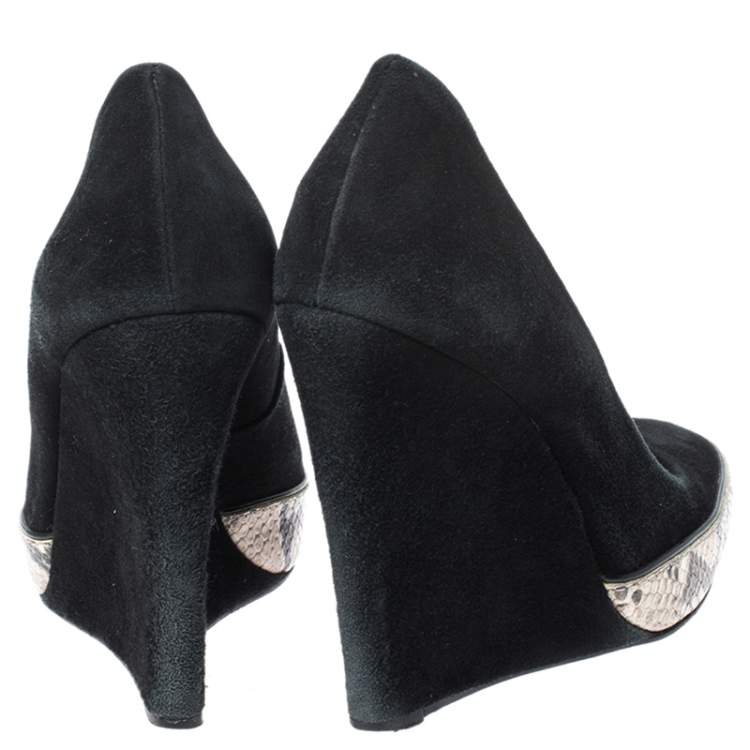 Pre Owned Tory Burch Black Suede And Multicolor Embossed Python Platform Sandra Wedge Pumps Size 37
