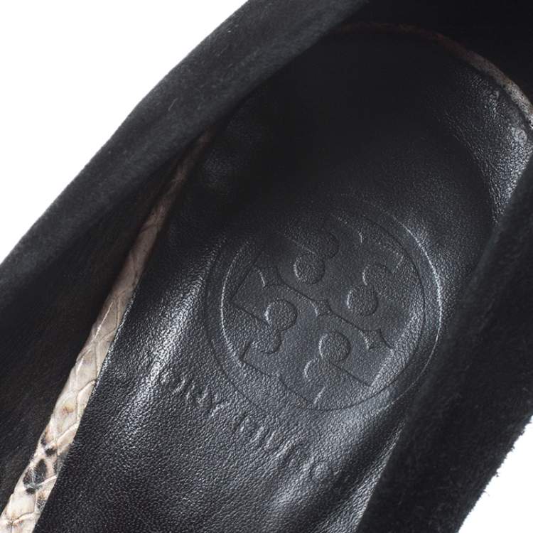 Pre Owned Tory Burch Black Suede And Multicolor Embossed Python Platform Sandra Wedge Pumps Size 37