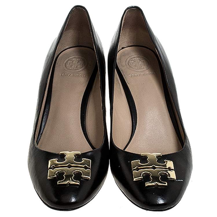 Pre Owned Tory Burch Black Leather Raleigh Round Toe Wedge Pumps Size 37.5