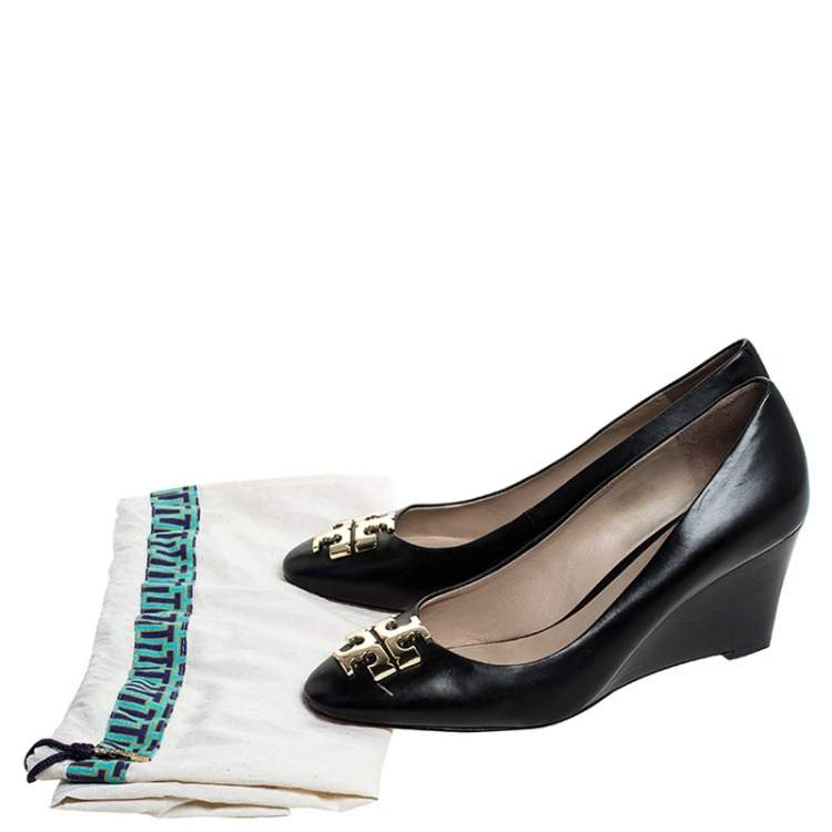 Pre Owned Tory Burch Black Leather Raleigh Round Toe Wedge Pumps Size 37.5