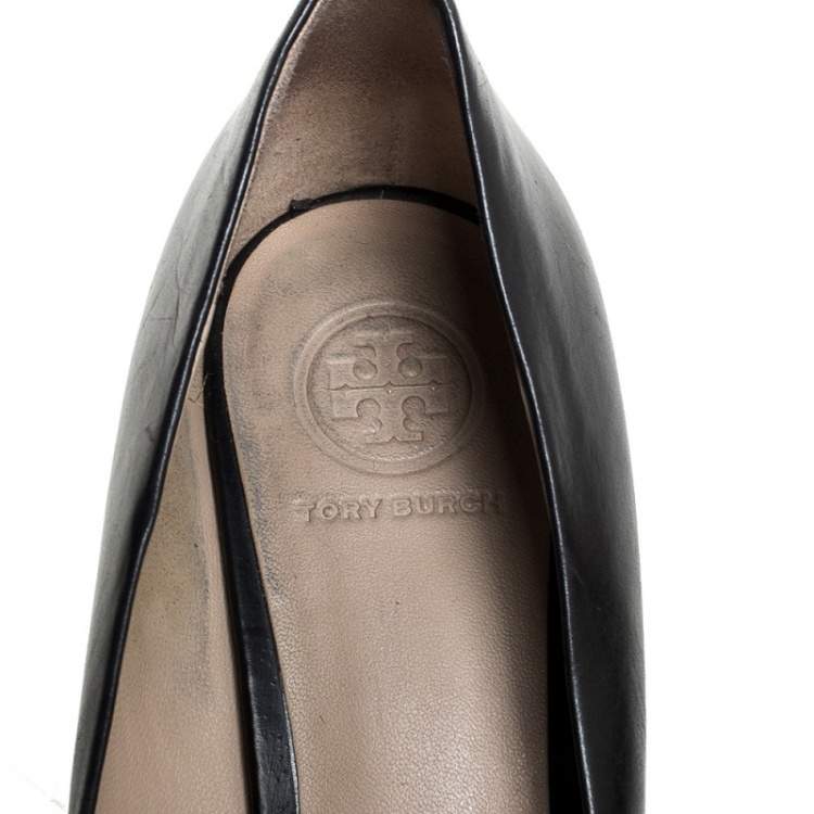 Pre Owned Tory Burch Black Leather Raleigh Round Toe Wedge Pumps Size 37.5